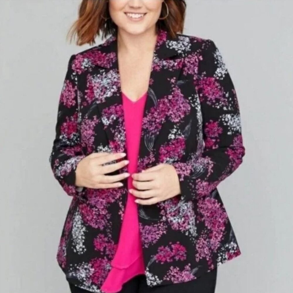 Lane Bryant Crepe "The Bryant" Black Pink Floral Blazer